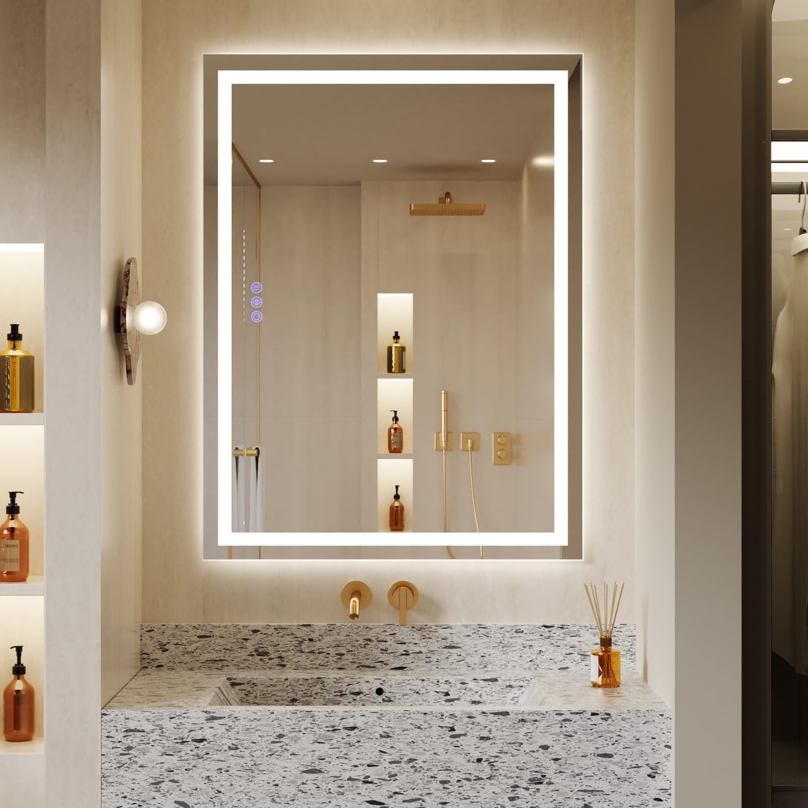 Koonmi 120x90 cm Miroir de Salle de Bain LED - 3 Modes d'éclairage réglables, Miroir de Salle de Bain Intelligent avec éclairage Avant et arrière, Fonction mémoire, Montage Mural Horizontal et