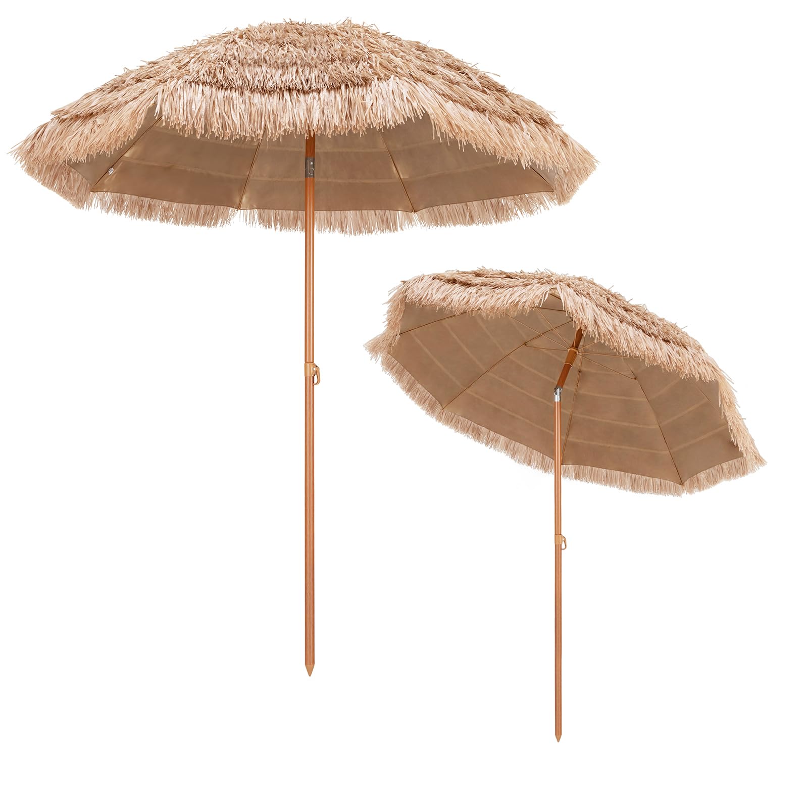 COSTWAY Sombrilla playa, Sombrilla Terraza Exterior con Apariencia de Paja y 8 Costillas, Sombrilla de Playa Inclinable y Plegable para Jardín, Parasol Exterior sin Base