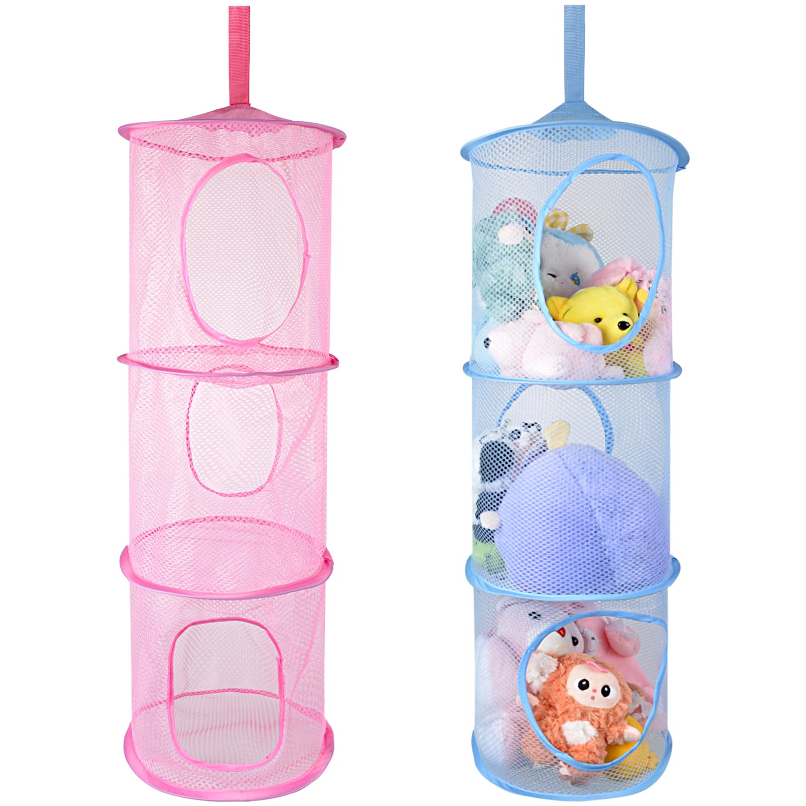 ChezMax Hanging Mesh Stuffed Animal Storage - 3 Tiers 2 Pack Large Stuffed Animal Net Organizer, Foldable Space Saver Bags Plushie Basket Organization