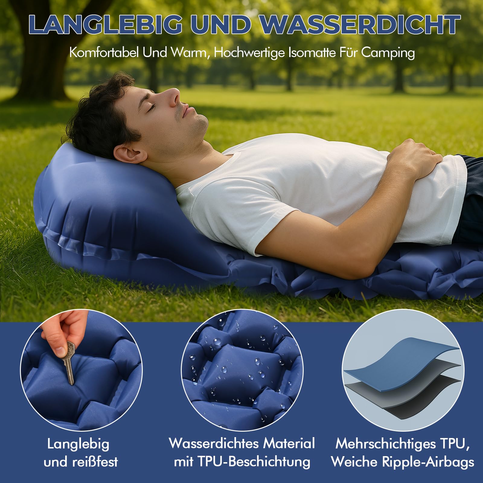 LENDOO Ultraleichte Aufblasbare Isomatte, 195cm*60cm Isomatte Selbstaufblasend Mit Aufblasbarem Kissen Isomatte Camping Outdoor Wasserdicht mit Fußpumpe luftzellenmatte aufblasbar für Outdoor