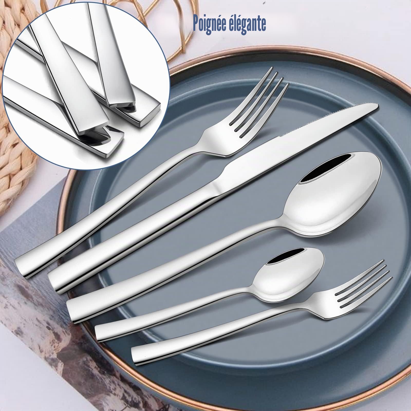 Joyfair Ensemble de couverts 36 pièces en acier inoxydable avec couteau à steak, couverts avec couteau, fourchette cuillère, couverts de table pour la maison/fête/restaurant, passe au lave-vaisselle