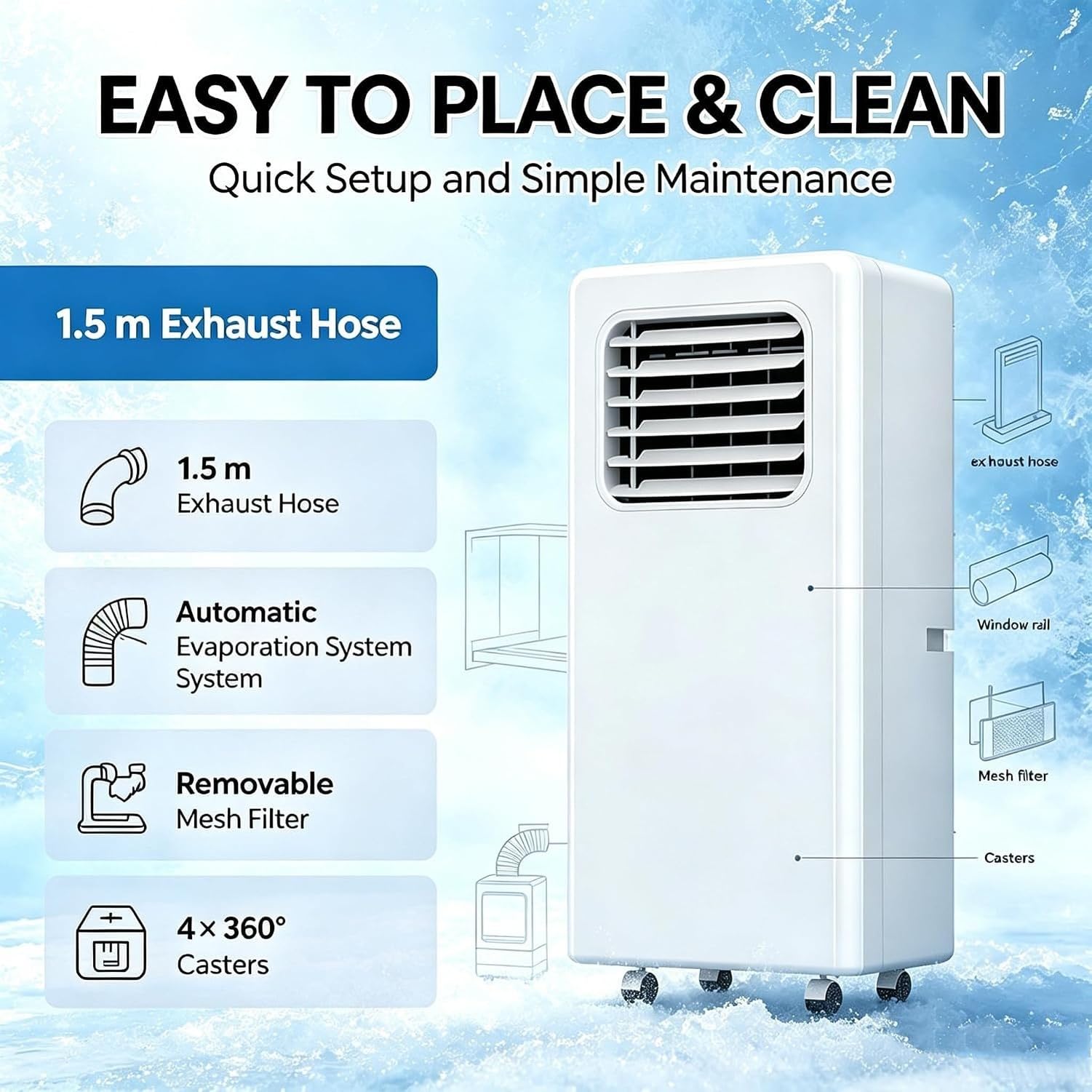 Aire Acondicionado Portátil 12000 BTU, Enfriador de Aire Potente para Interiores, Unidad Autónoma con Ruedas, Ideal para Salón y Dormitorio Cantidades Grandes H, 10000btu, 10000btu
