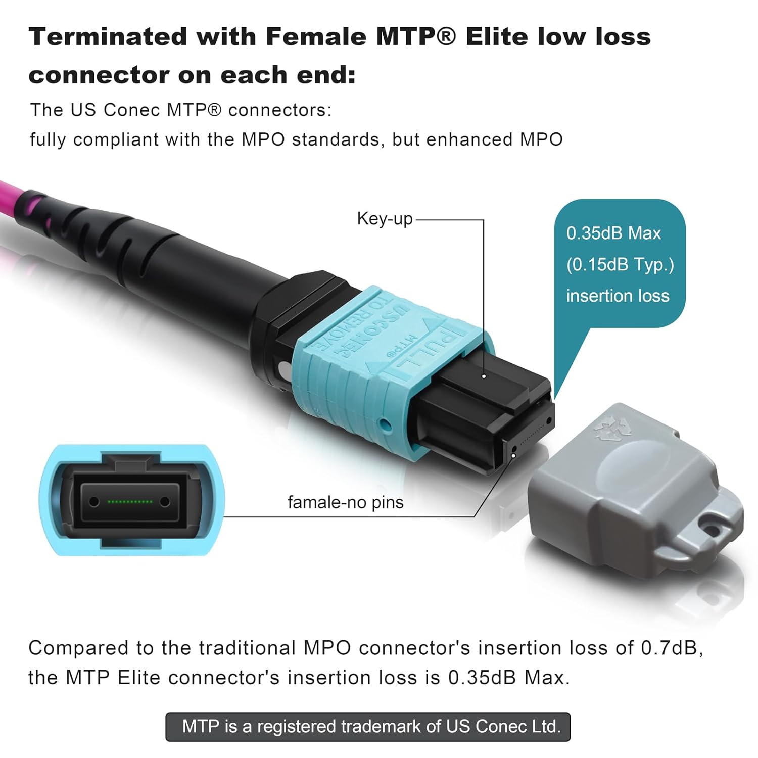 20ft OFNP MTP/MPO Fiber Cable 12 Strand Female, MTP to MTP OM4 Multimode Fiber Optic Ptach Cord, Type B Plenum MTP Jumpers