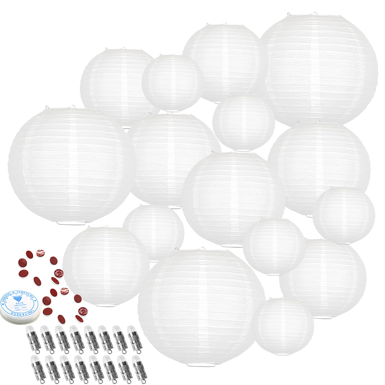 Wiszące papierowe lampiony, dekoracyjne, białe chińskie papierowe lampiony, dekoracje imprezowe z 16 diodami LED, na baby shower, ślub, rocznicę, ukończenie szkoły, zaręczyny, walentynki, 16 sztuk