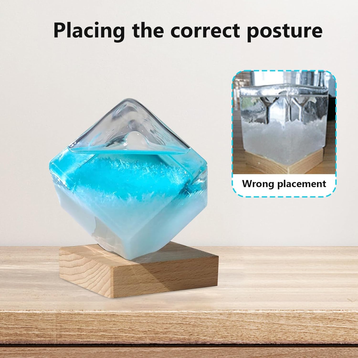 Storm Glass Weather Forecaster Crystal Blue Water Cube Storm Glass Weather Predictor with Wooden Base Creative Predicting Desktop Ornaments for Home Office Gift for Women Men