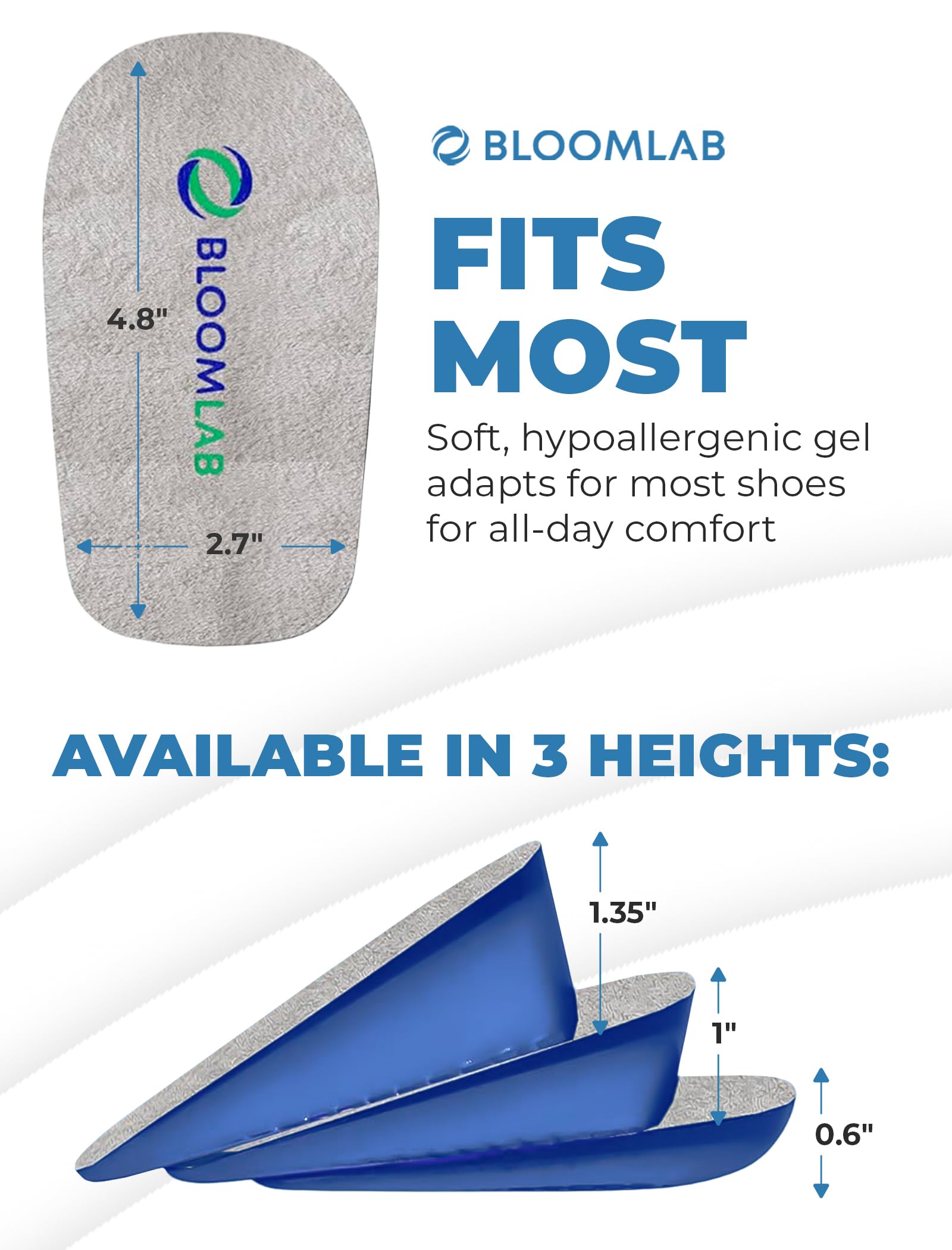 BloomLab Insertos de elevación de talón para zapatos, 3 alturas, tallas M/L, 1 par | Ancho estándar, hombres y mujeres, amortiguación de gel suave, soporte de discrepancia en la longitud de las piernas