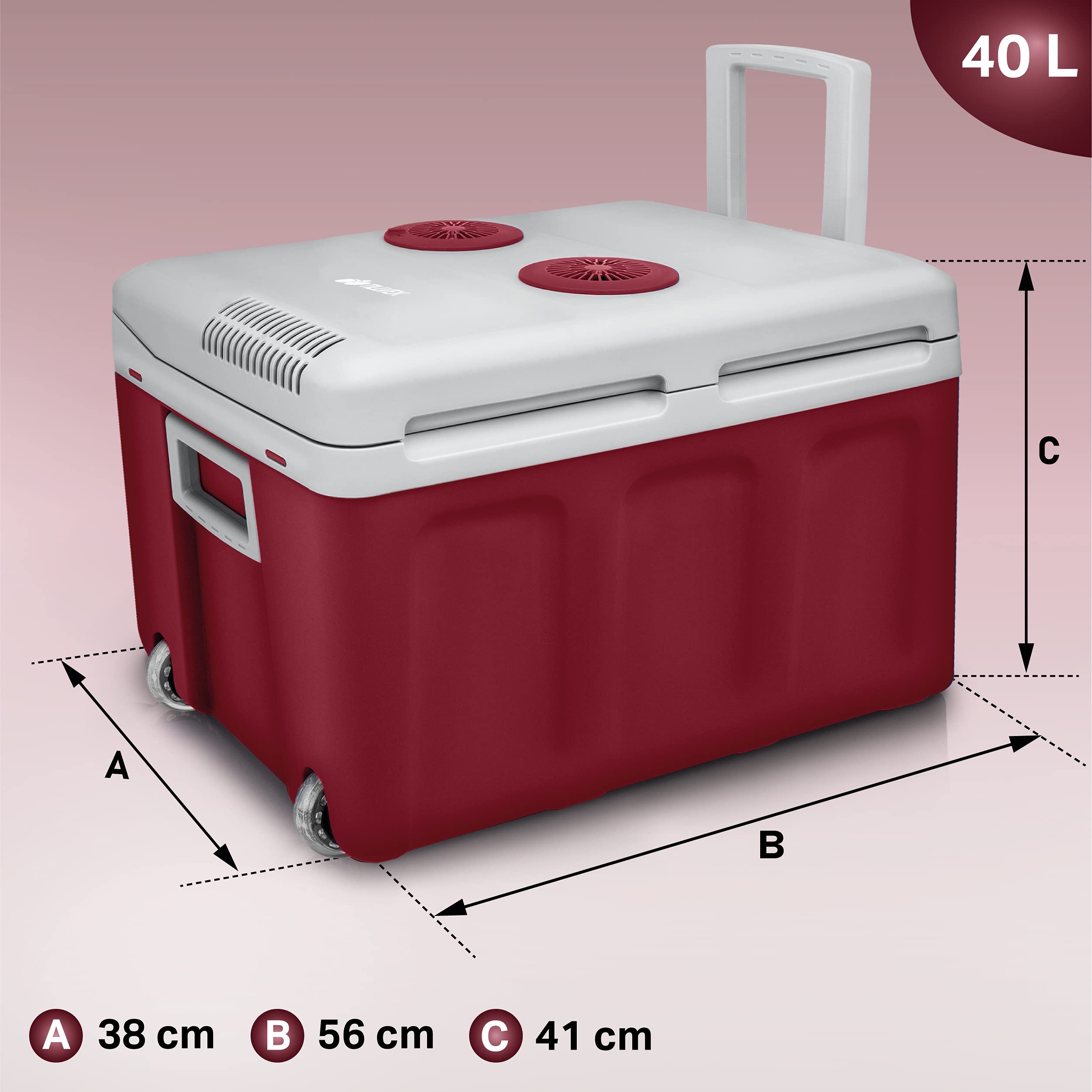tillvex Elektryczna lodówka turystyczna 40 l na kółkach, mini lodówka 230 V i 12 V, do samochodu, na kemping, chłodzi i ogrzewa, tryb ECO (czerwony)