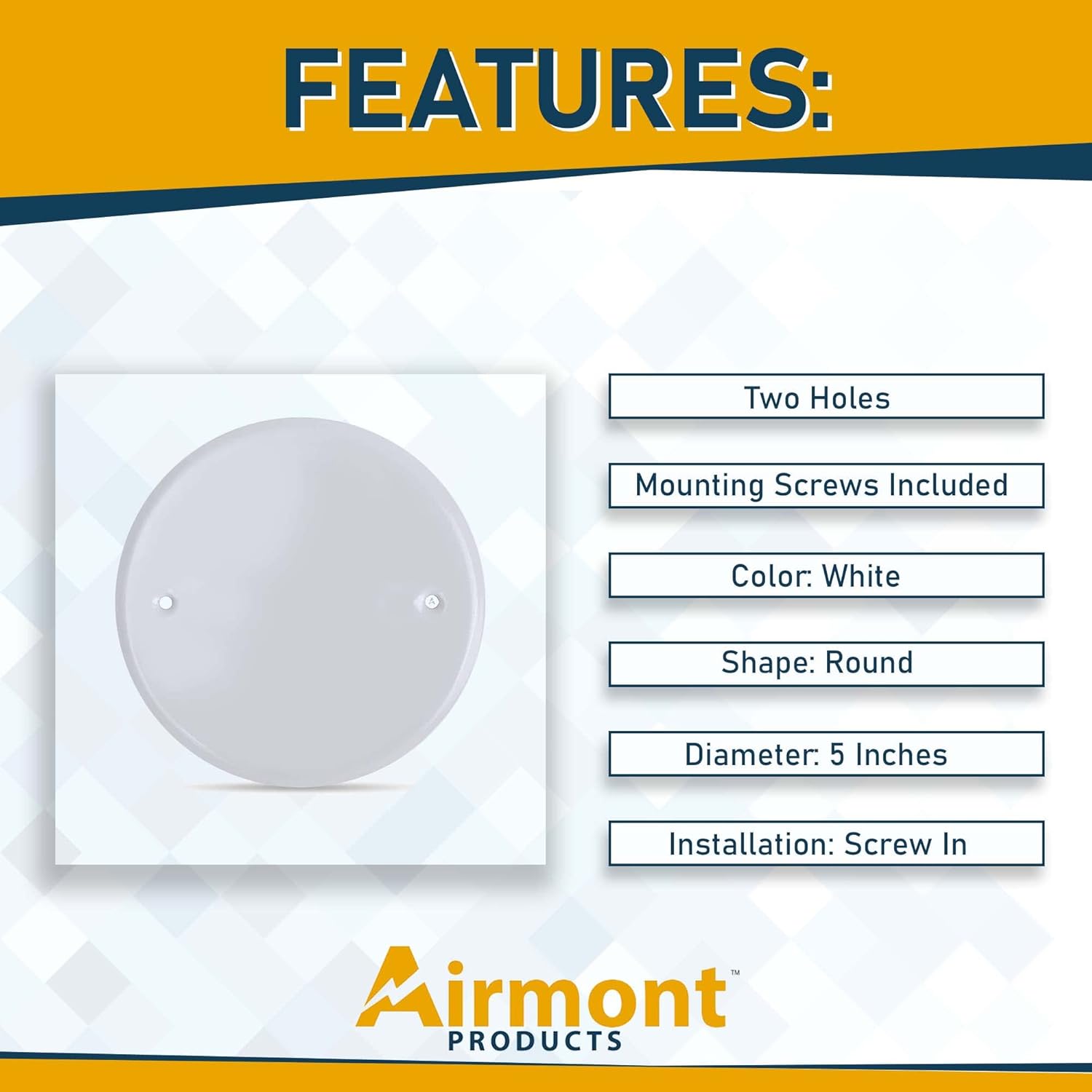 5 Inch White Metal Ceiling Blank-Up Cover, Used to Cover 3-1/2 or 4 Inch Round/Octagon Box Openings In Ceilings or Walls, Mounting Screws Included, Holes Are Spaced 3.5 Inches Apart