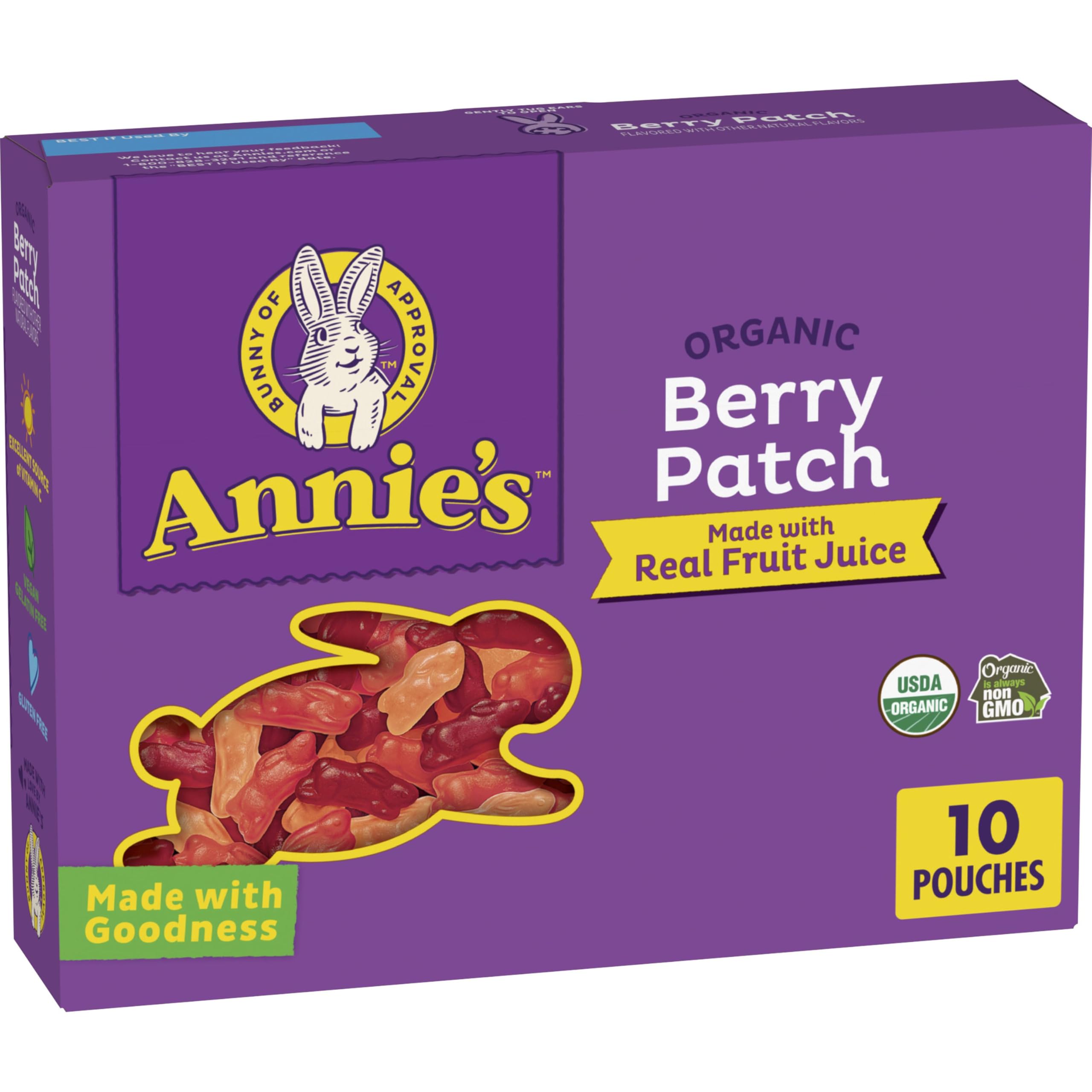 Annie's Organic Berry Patch Bunny Fruit Flavored Snacks, Gluten Free, 10 Pouches, 7 oz