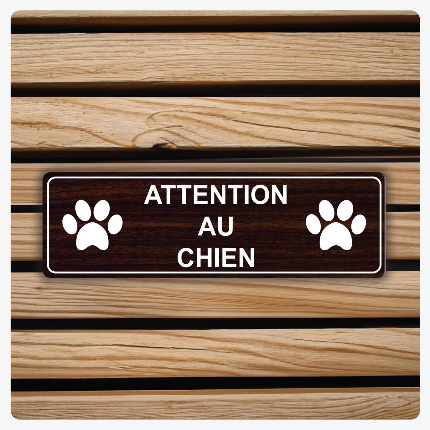 Plaque gravée personnalisée autocollante logo ATTENTION AU CHIEN + logo pattes de chien - 13x4 cm Alu Brossée
