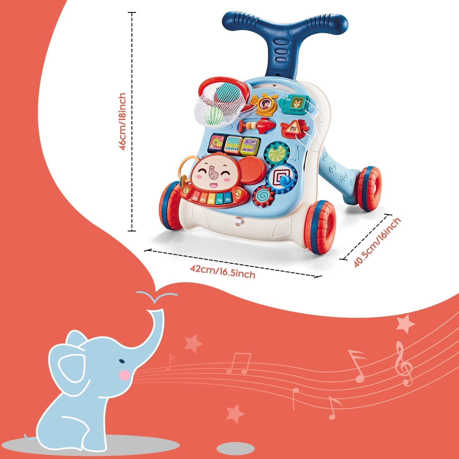 Primi Passi per Bambini, 3 in 1 Girello per Bambini, Piastra da Gioco Rimovibile, Centro di Attività Educativa Precoce, Girello con Ruote in Gomma, Giocattolo per Bambini 6+ Mesi, Blu e bianco