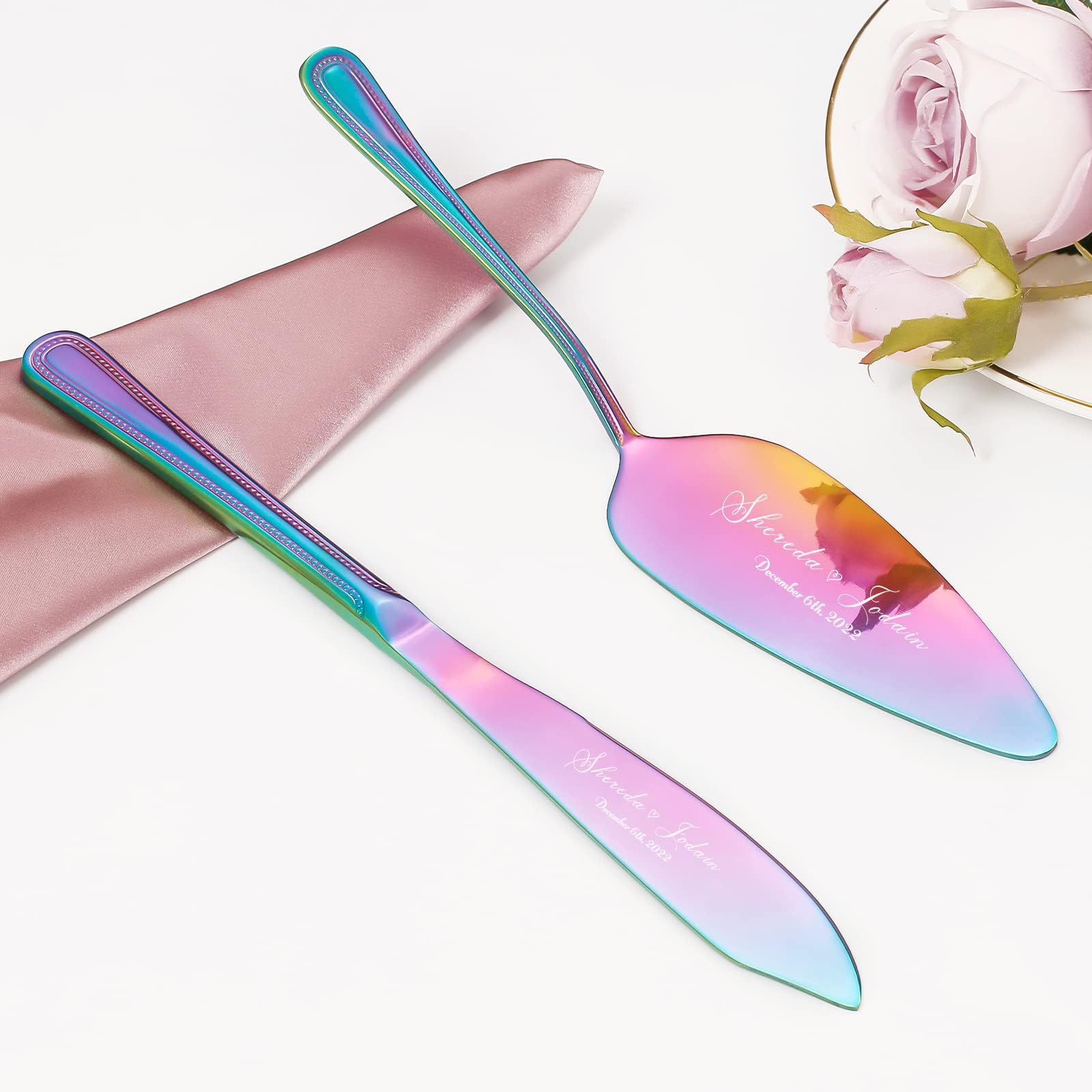 Personalized Cake Cutting Set for Wedding, Custom Cake Knife and Server Set, Stainless Steel Cake Serving Set, Engraved Pastry Pie Pizza Cutter Cake Slice, Bridal Anniversary (Rainbow)