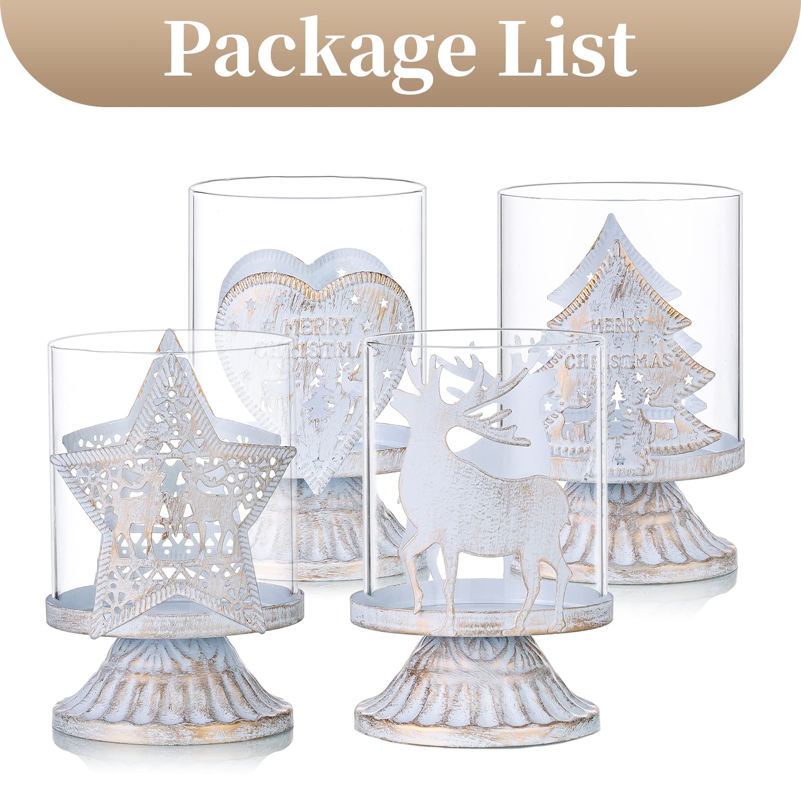 Sziqiqi Set di 4 Candelieri Candelabri Candelabro Portacandele in Metallo Antico, Candelabro Uragano Shabby Centrotavola per Decorazione Natalizia del Camino del Mantello da Tavola di Natale, Bianco