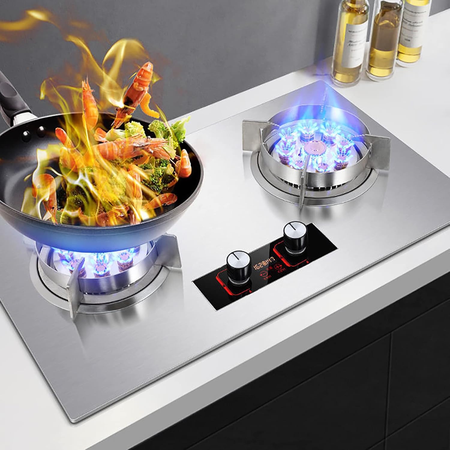 Built-In Dual Burner Gas Stove Top, Stainless Steel 2 Burners Gas Cooktop, Gas Countertop For Home Kitchen(Liquefied Gas) (Natural Gas)