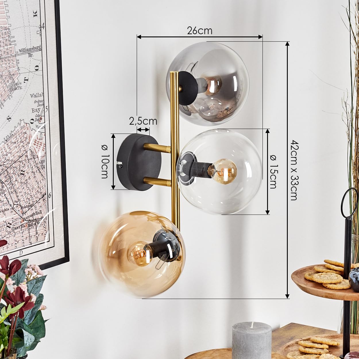 HOFSTEIN Wandleuchte Gastor, Wandlampe aus Metall/Glas in Schwarz/Gold/Rauch/Bernstein/Klar, Leuchte im Retro/Vintage-Design (Schirme Ø 15 cm), E14, Wohnzimmer, Schlafzimmer, Küche, Flur, Treppenhaus