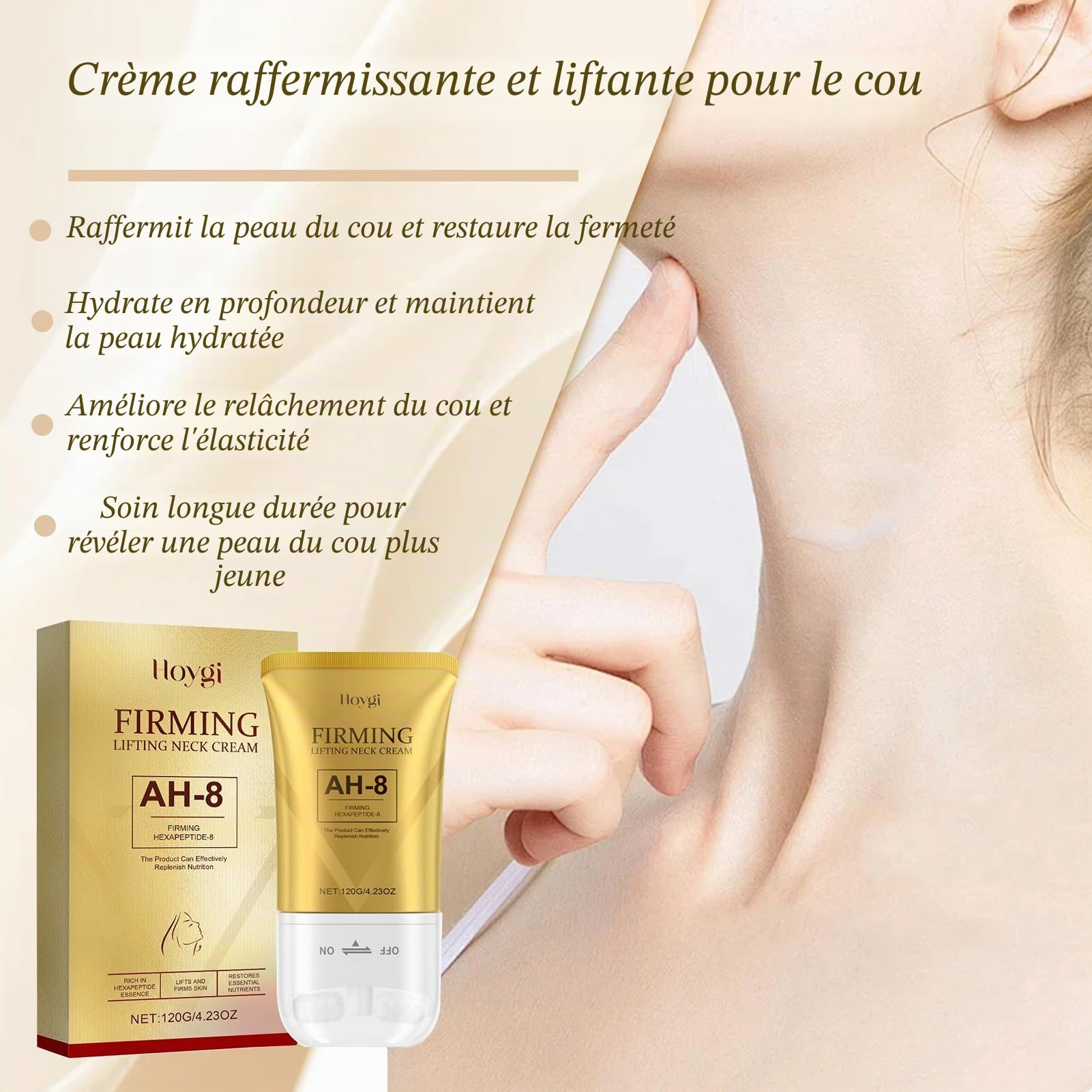 AH-8 Crème Raffermissante pour le cou, 120g, Pour Les Peaux Ridées | Ah8 Firming Neck Cream Avec Rouleau Massage À Double, Hydratant, Réduire Les Rides, Les Ridules et le Double Menton