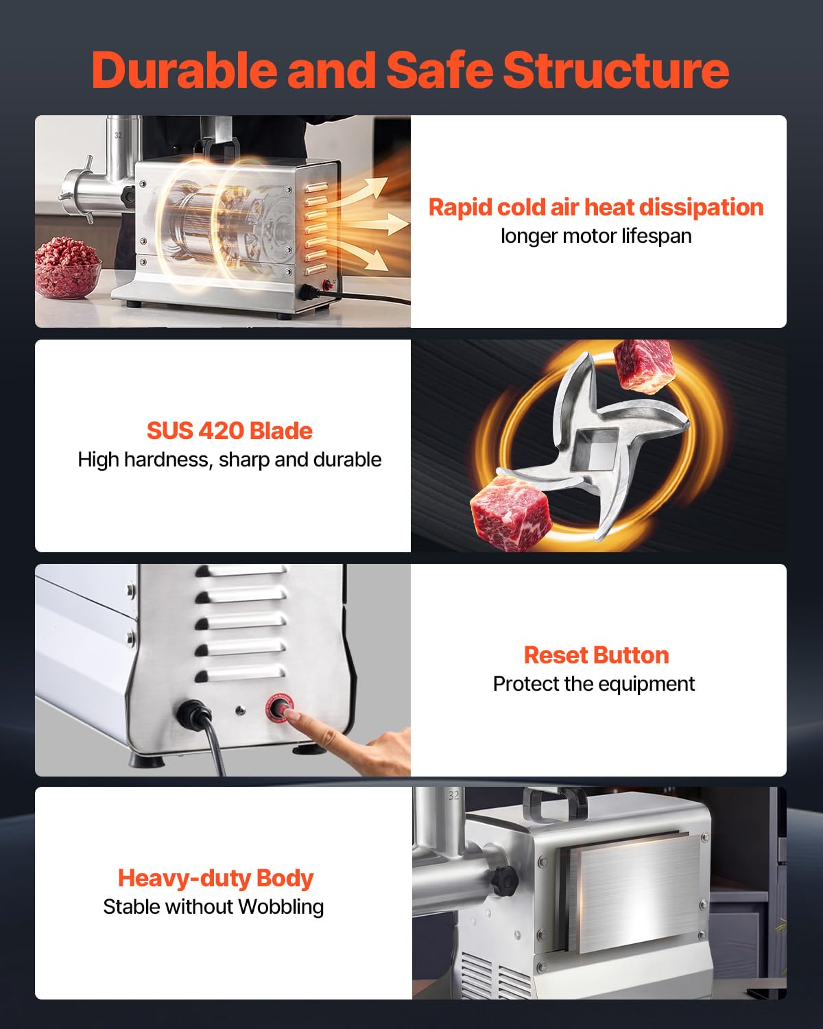VEVOR Tritacarne Elettrica 1100 W da Cucina in Acciaio Inox, Tritacarne Capacità 9,5 kg/min con 3 Dischi 3 Tubi per Salsicce Salami Carne con Piedini Antiscivolo, Cucina Commerciale Ristorante Hotel