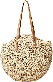 Straw Bag Women Handmade Shoulder Handbag Large Beach Bag Handwoven Round Tote Beige