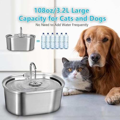 Miniatura 6 de Fuente de agua para gatos, fuente de agua para mascotas de 3.2L108 onzas, dispensador automático de agua para perros de acero inoxidable, bomba