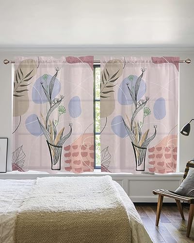Miniatura 4 de Middle Century Curtains 54 Inch Length 2 Panels for Bathroom Sheer Curtains Privacy Window Treatment Yellow Boho Modern Geometric Abstract Botanical