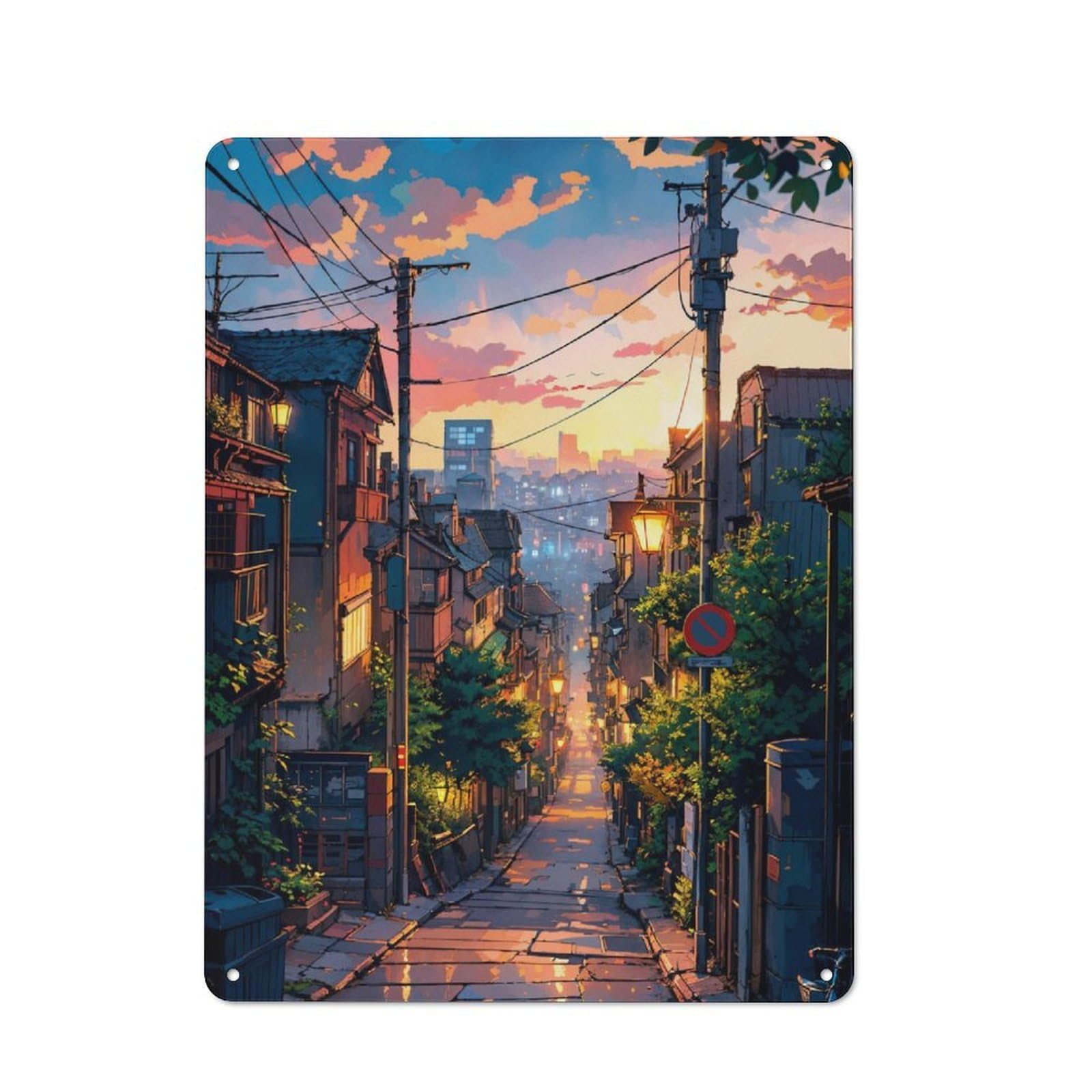 Junmoney Sunset City Tin Wall Plaque 40X30cm With For Pub Or Café, For Collectors Of Retro Metal Wall Decor