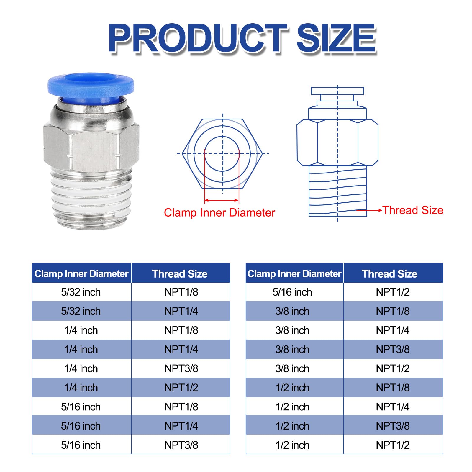 QUARKZMAN 2 Pezzi Raccordi Aria Push To Connect NPT, Maschio Dritto 8mm Diametro Esterno Tubo x Filettatura NPT 1/8" Connettore Rapido Aria Adattatore per Tubo Gas Strumenti Pneumatici, Blu