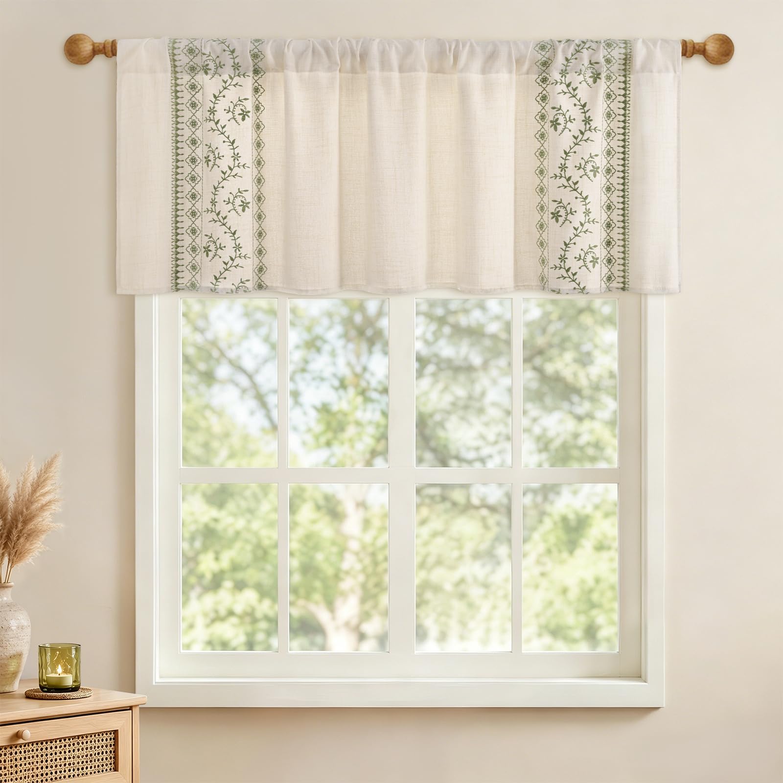 Yinhua Boho Valances for Windows Sage Green Embroidered Floral Valance Curtains, Light Filtering Farmhouse Window Valances Rod Pocket Kitchen Valance Curtains for Living Room, Bathroom, 52" W x 18" L