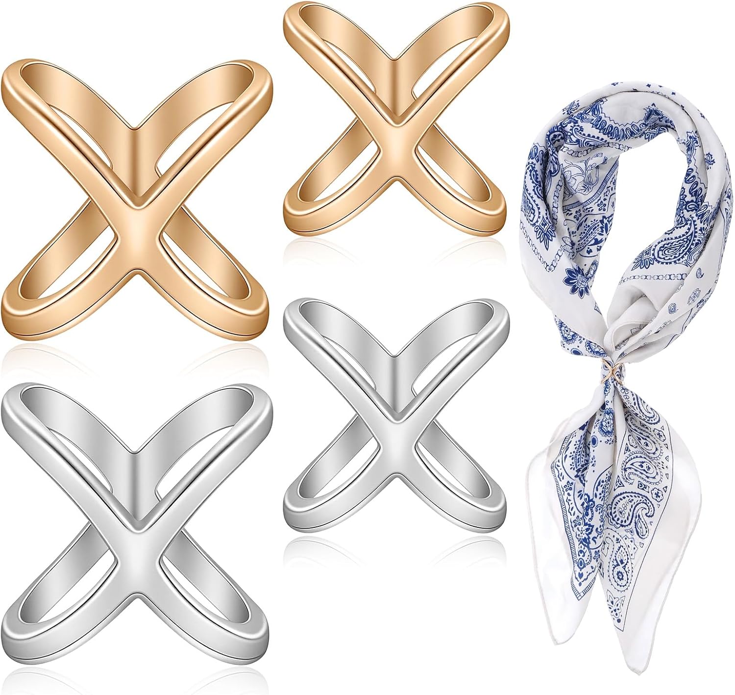 Bremorou 4Pcs Scarf Slide Ring, Gold Silver X-shaped Scarf Ring Buckles, Alloy Silk Scarves Rings Shawl Clip, Scarves Slide Buckle for Women Shawl Neckerchief, Clothing Decoration