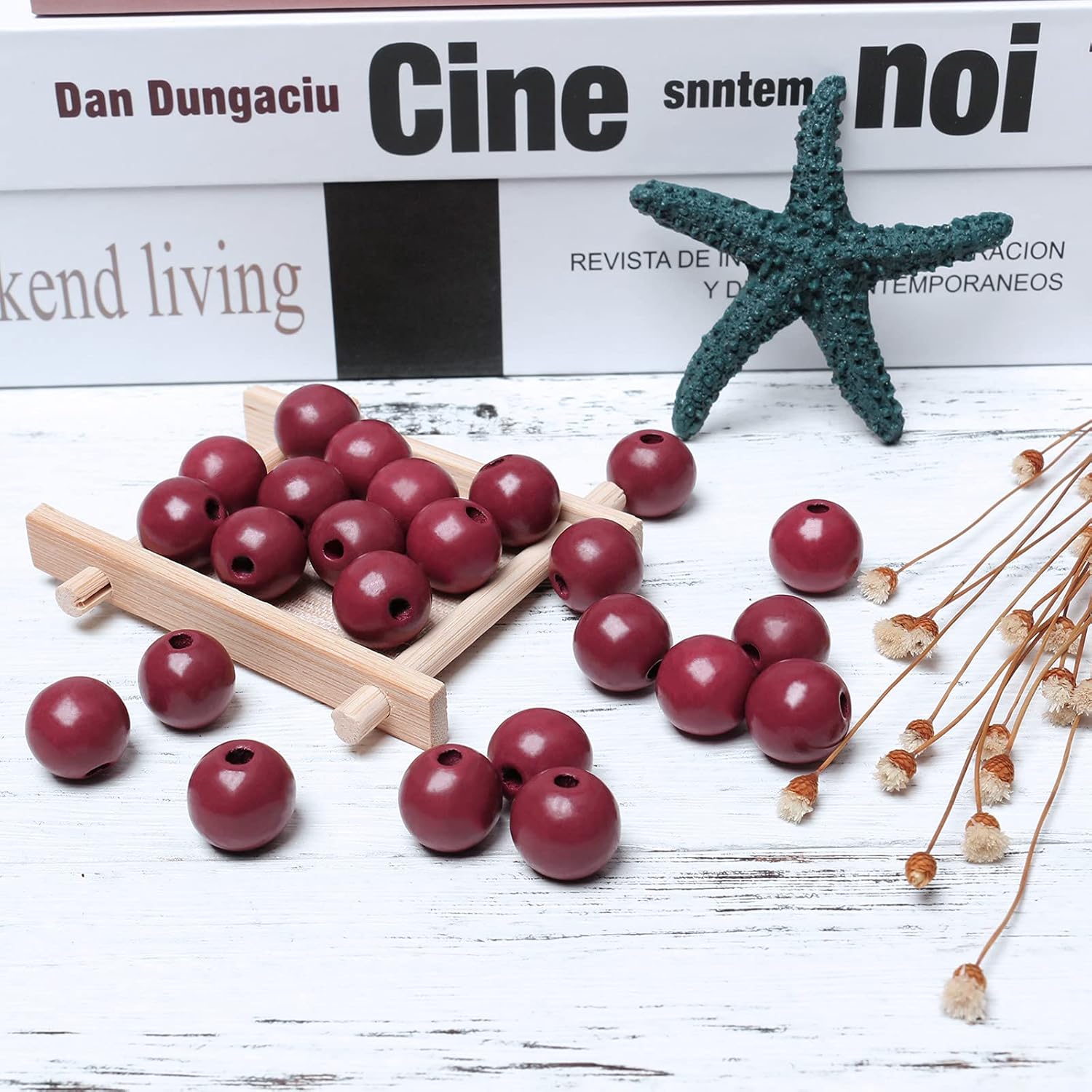 16mm Wood Beads Dark Red Wooden Beads Round Wooden Spacer Beads for Farmhouse Garland Wall DIY Crafts Hanging Decor (150Pcs, 3.5mm Hole) - Image 4