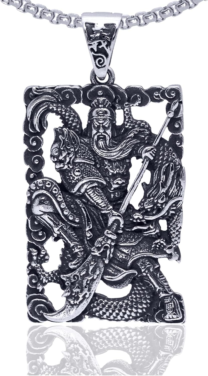 Punk Rock Titanium Steel Warrior Guan Yu Dog Tag Pendant Necklace,24inches Box Chain