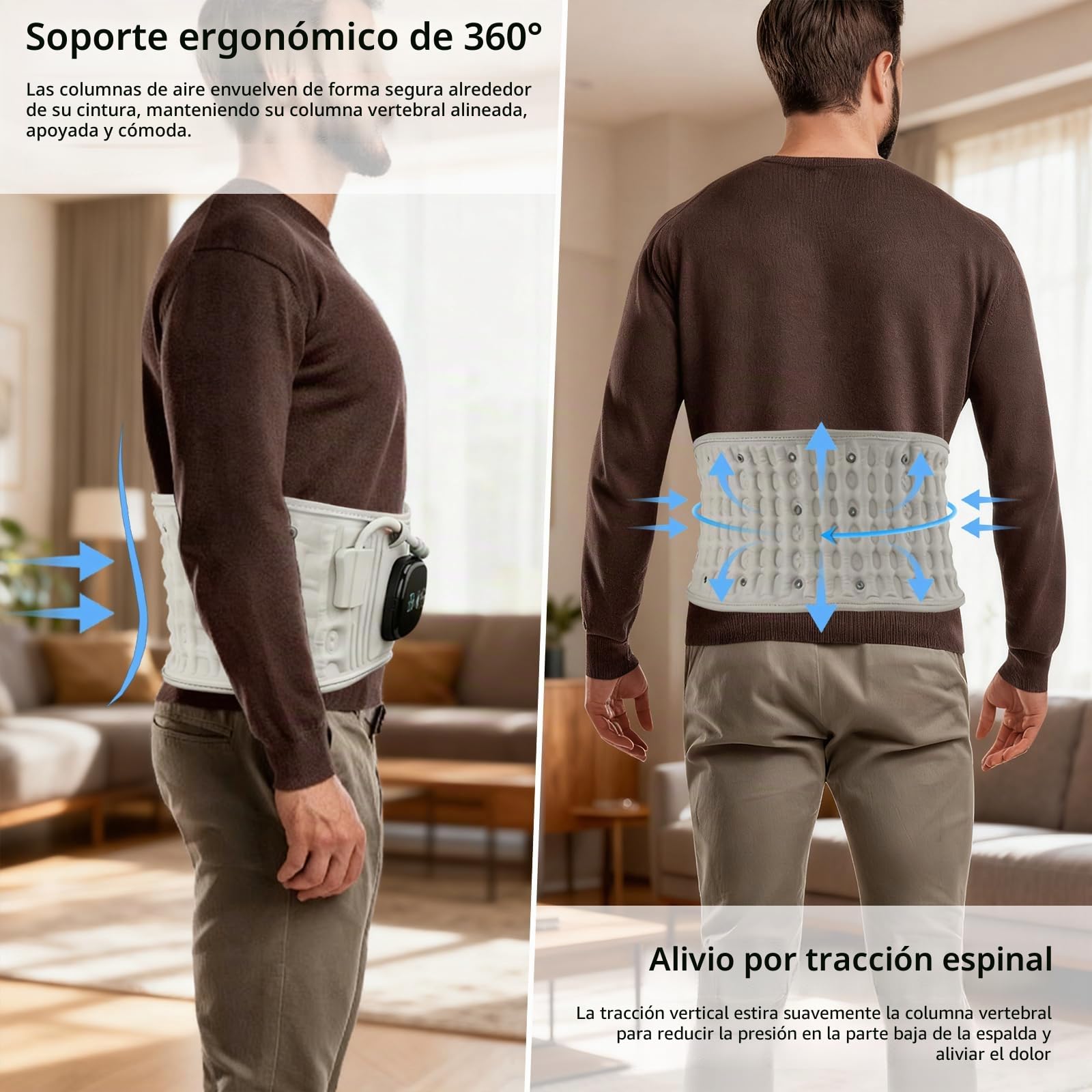 Cinturón de masaje de compresión con calor de luz roja, cinturón 3 en 1 para el cuidado de la espalda con tracción lumbar inflable, 3 modos de calentamiento y masaje, para reducir la presión y aliviar