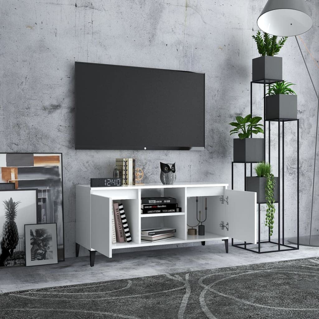 Mobile TV con gambe in metallo, bianco, 103,5 x 35 x 50 cm, mobile basso con 2 ripiani e 2 scomparti, credenza con vano portaoggetti, mobile moderno per soggiorno per gaming e home theatre