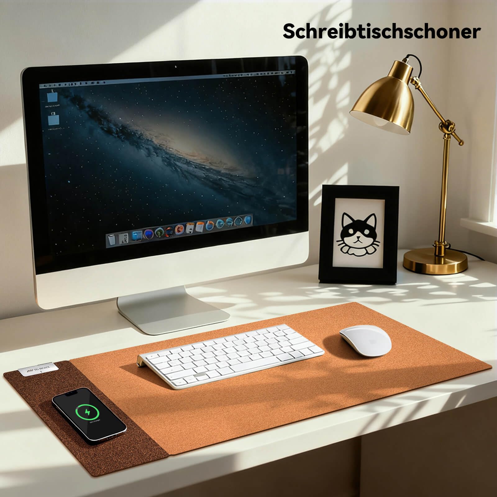 3-in-1 Kork-Unterlage mit Qi-Schnelladung, wasserfester & beidseitiger Oberfläche. Ideal für Büro, Homeoffice und als Schminktisch-Schutz. Kompatibel mit iPhone, Samsung, AirPods