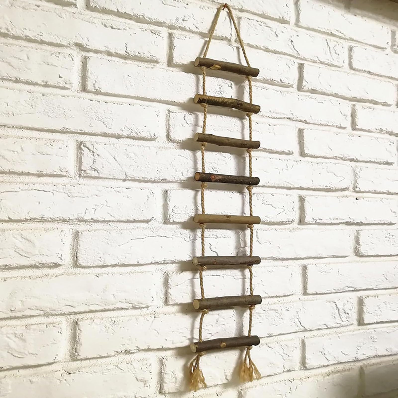 2 escaleras de madera natural tejida a mano con cuerda para colgar en la pared, para estantes, jardín, interior y exterior