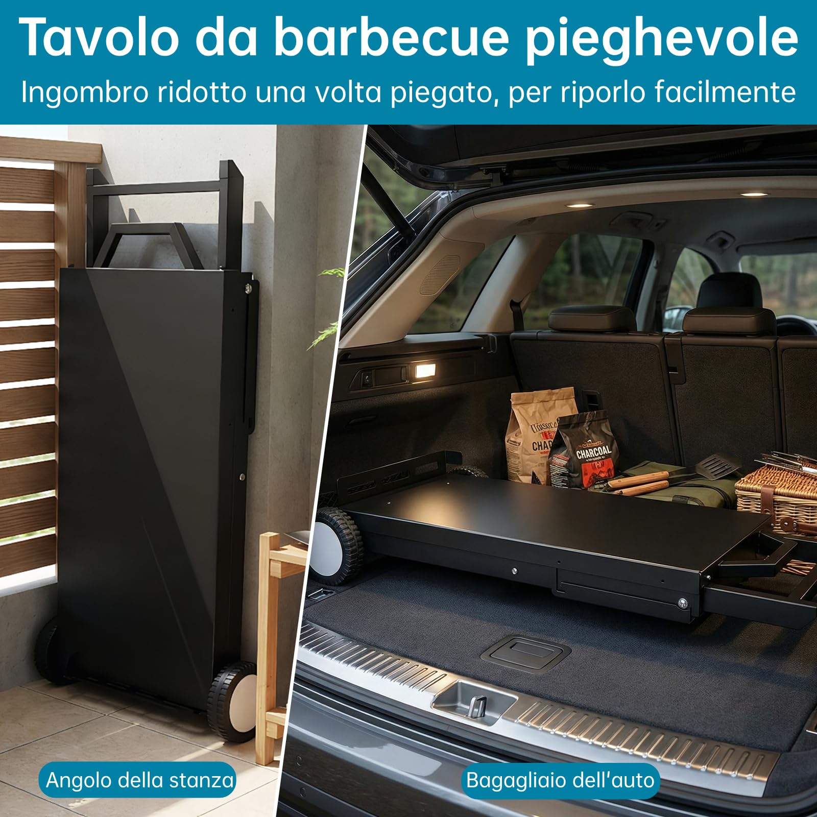 LIFERUN Carrello Barbecue Pieghevole con Ripiano Staccabile, 102x39cm Supporto Portatile con 2 Ruote, Tavolo Stabile per BBQ, per Esterno da Campeggio, Picnic e Giardino, Montaggio Facile, Nero