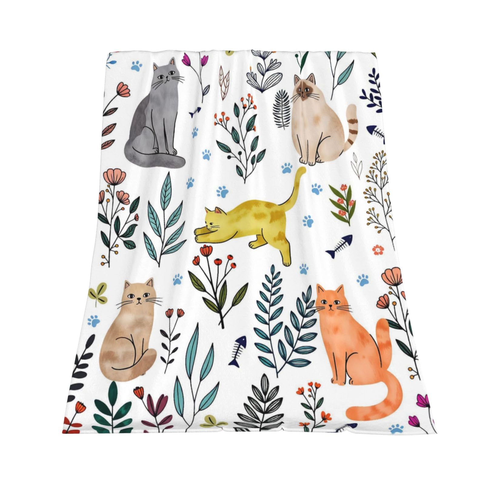 GOOESING Cat Floral Flower Throw Blanket Cats Themed Blanket Gift for Cat Lover Soft Cozy Flannel Blanket for Bed Chair Car Sofa Couch Bedroom 150x200cm(60x80 Inch)