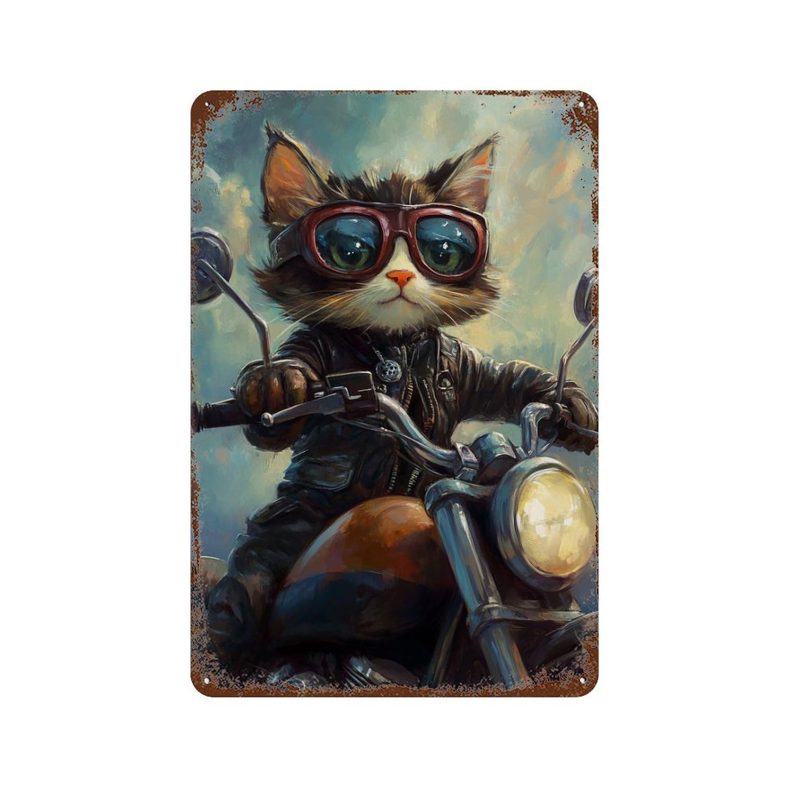 Rust Effect Tin Sign Motorcycle Cat Adventure 11.8"x7.9", Vintage Wall Decor for Living Room, Hallway And Home Decor