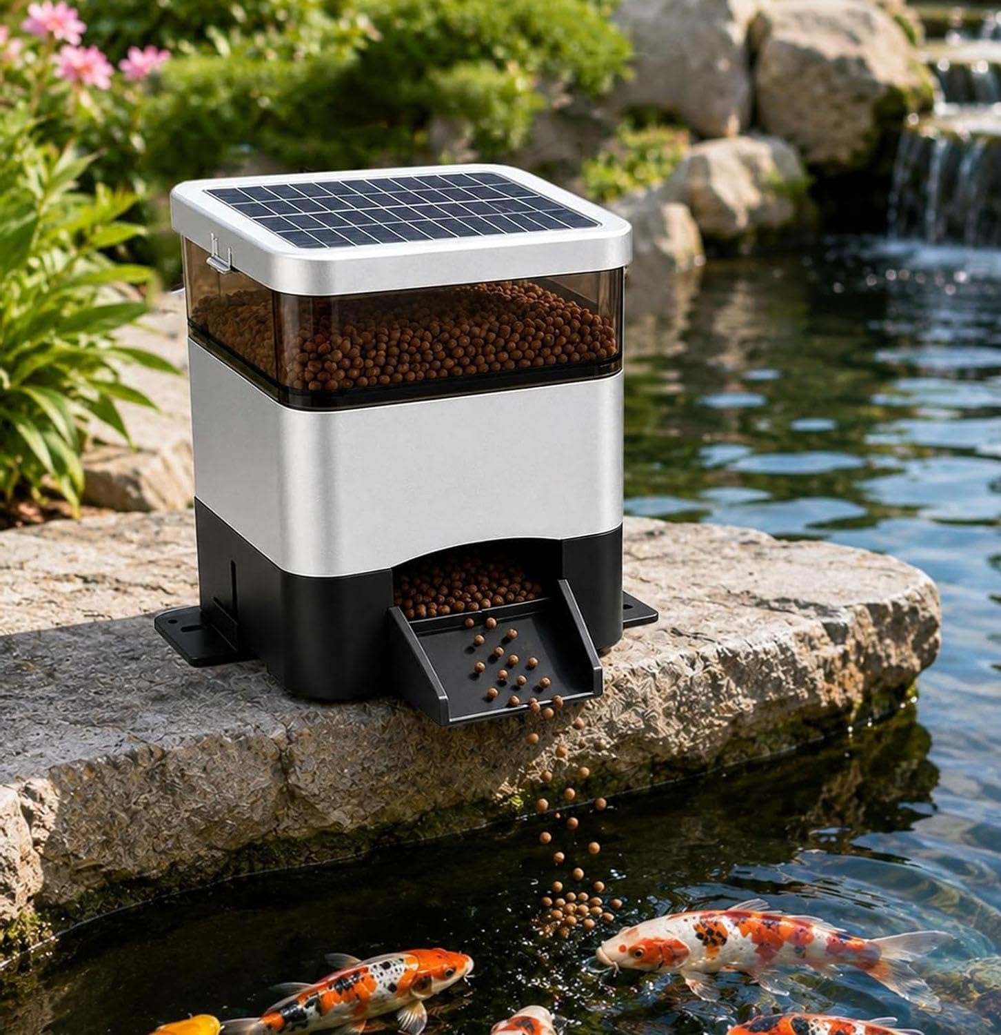 Distributore solare automatico di cibo per pesci da laghetto