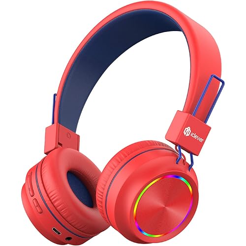 iClever BTH03 Kids Bluetooth Headphones Safe Volume, Colorful LED Lights, 25H Playtime, Stereo Sound Mic, Bluetooth 5.0, Foldable, On Ear Kids Wireless Headphones for Tablet (Red)