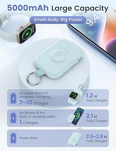 Miniatura 3 de RORRY Cargador portátil para Apple Watch, cargador inalámbrico de 5000 mAh con cable integrado, llavero de viaje para Apple Watch