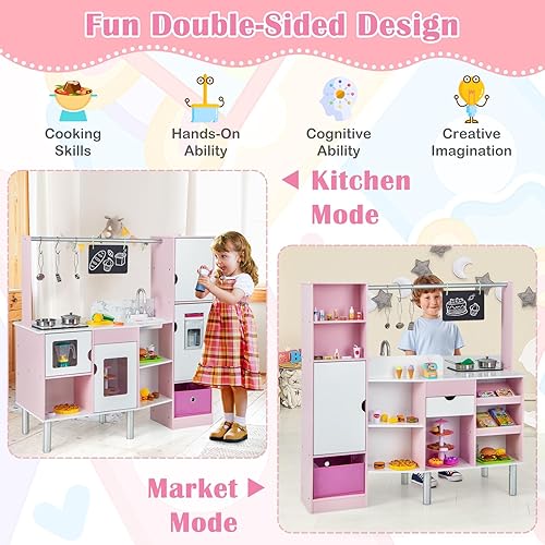 Miniatura 2 de Costzon Juego de cocina 2 en 1 para niños y tienda de comestibles, cocina de juego de simulación de doble cara con luz y sonido, máquina de hielo,
