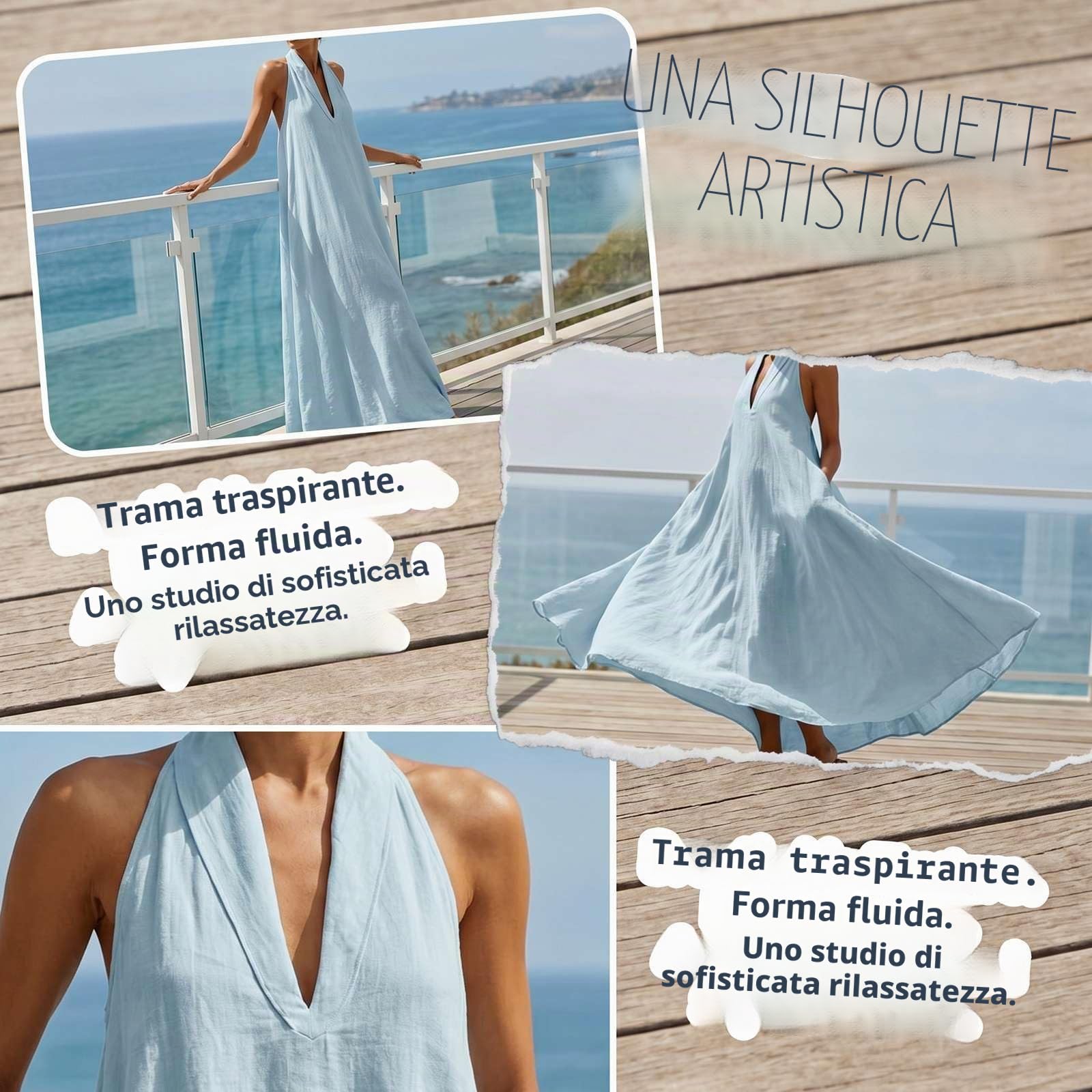 Abito Lungo Minimalista ed Elegante da Donna 2026, Abito Estivo in Lino con Scollo a V e Collo Allacciato con Tasche