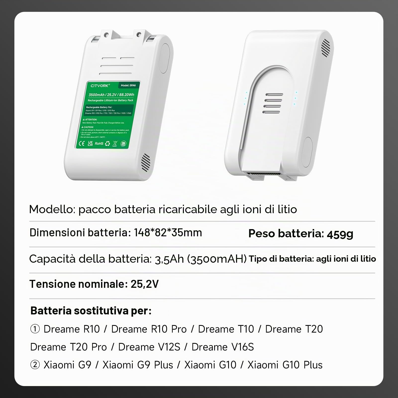 CITYORK Batteria di ricambio per aspirapolvere Xiaomi G9, G9 Plus, G10, G10 Plus, V12S, V16S, 25,2 V, 3500 mAh