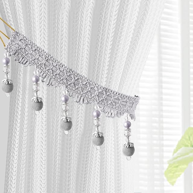 KOLAKO Curtain Tie Backs, Rope Tassel Curtain Tiebacks with Crystal Beads Boho Braided Decorative Window Drapery Holdbacks for Large Heavy Drapes, Grey Silver (2 Pack)