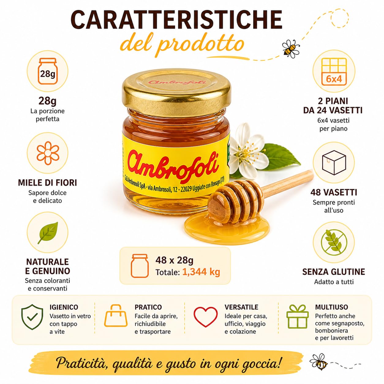Ambrosoli 48 Porzioni Miele di Fiori 28g, Miele Monodose Pratico per Casa, Ufficio e Colazione