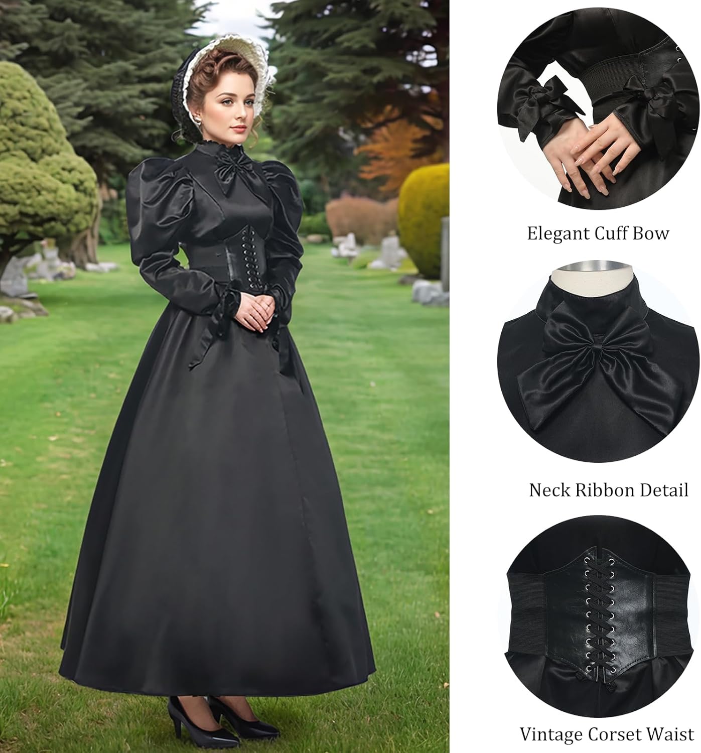 Womens Victorian Dress Gothic Witch Dress Medieval Ball Gown with Hoop Skirt for Halloween Costume
