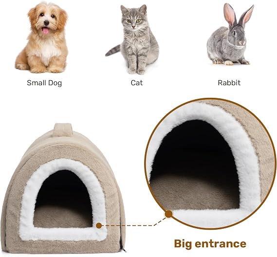 Hollypet Cat Bed Small Dog Bed, 2-in-1 Foldable Plush Pet Beds for Cats and Small Dogs, Cozy & Soft Pet Cave Beds Indoor Outdoor, Light Brown