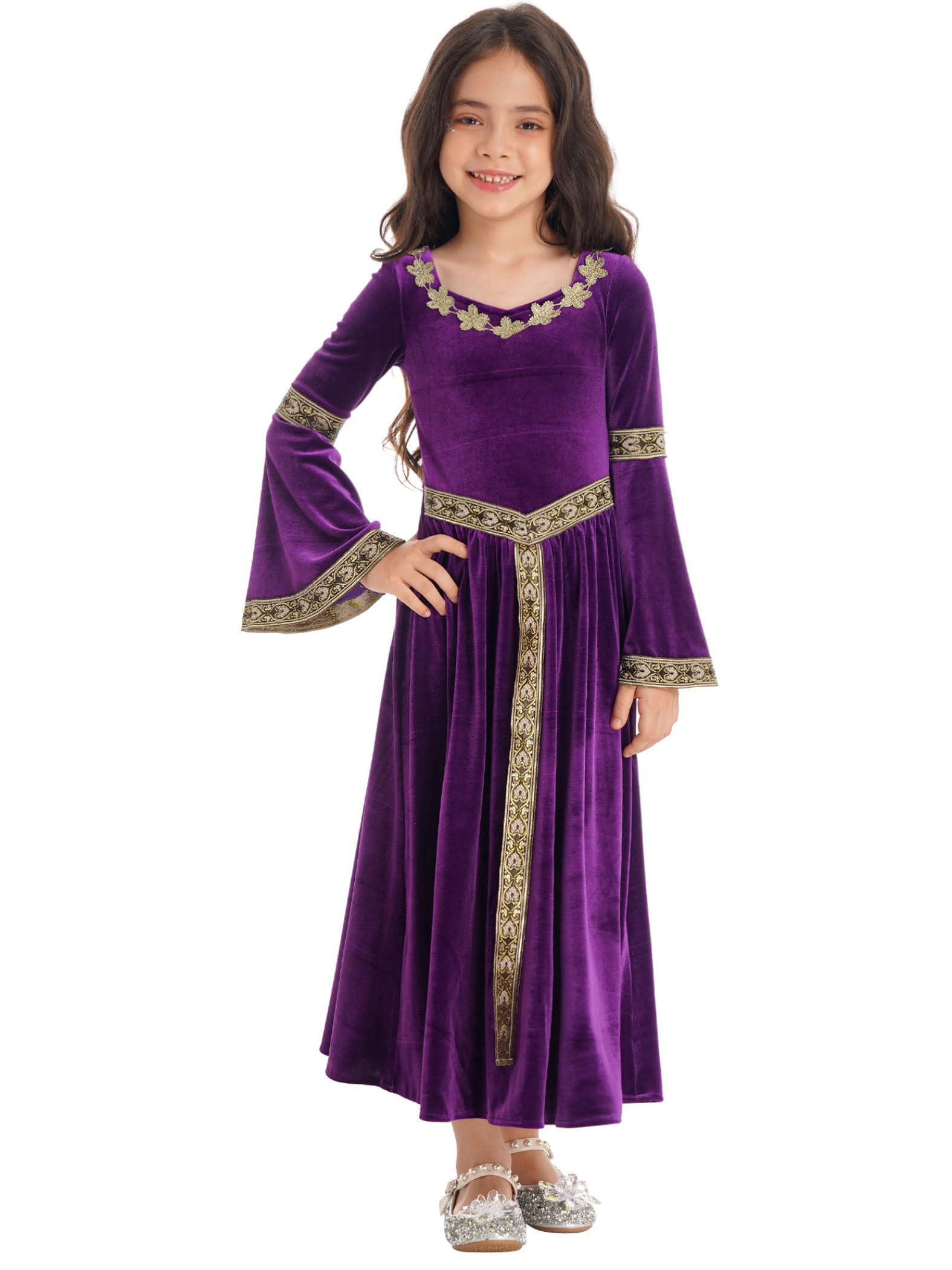 Riismen Girls Renaissance Maiden Costume Medieval Princess Velvet Long Maxi Dress Ball Gown Purple 11-12 Years