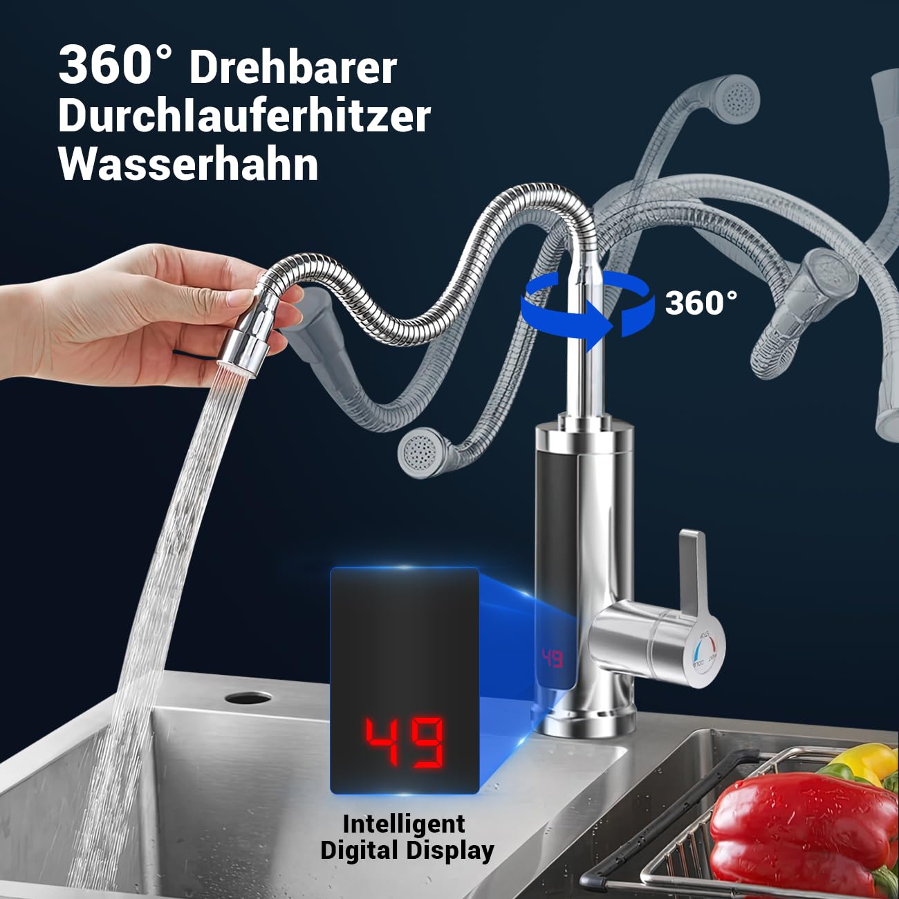 Grifo con Calentador de Agua Instantaneo, Grifo Eléctrico con Calentador de Agua Instantáneo, Grifo Calentador de Agua Instantáneo LED Giratorio 360°, Grifo Eléctrico 220V 3000W