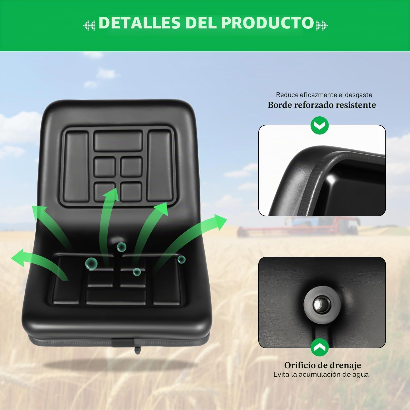 Asiento de tractor, asiento de remolque con respaldo, asiento universal para tractor, piel de PVC, impermeable, para tractores, cortacésped, carretillas elevadoras, excavadoras, 44,5 x 35,5